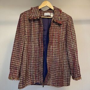 Vintage Multicolor Colorful Tweed Jacket with Frayed‎ Sleeves Size 16